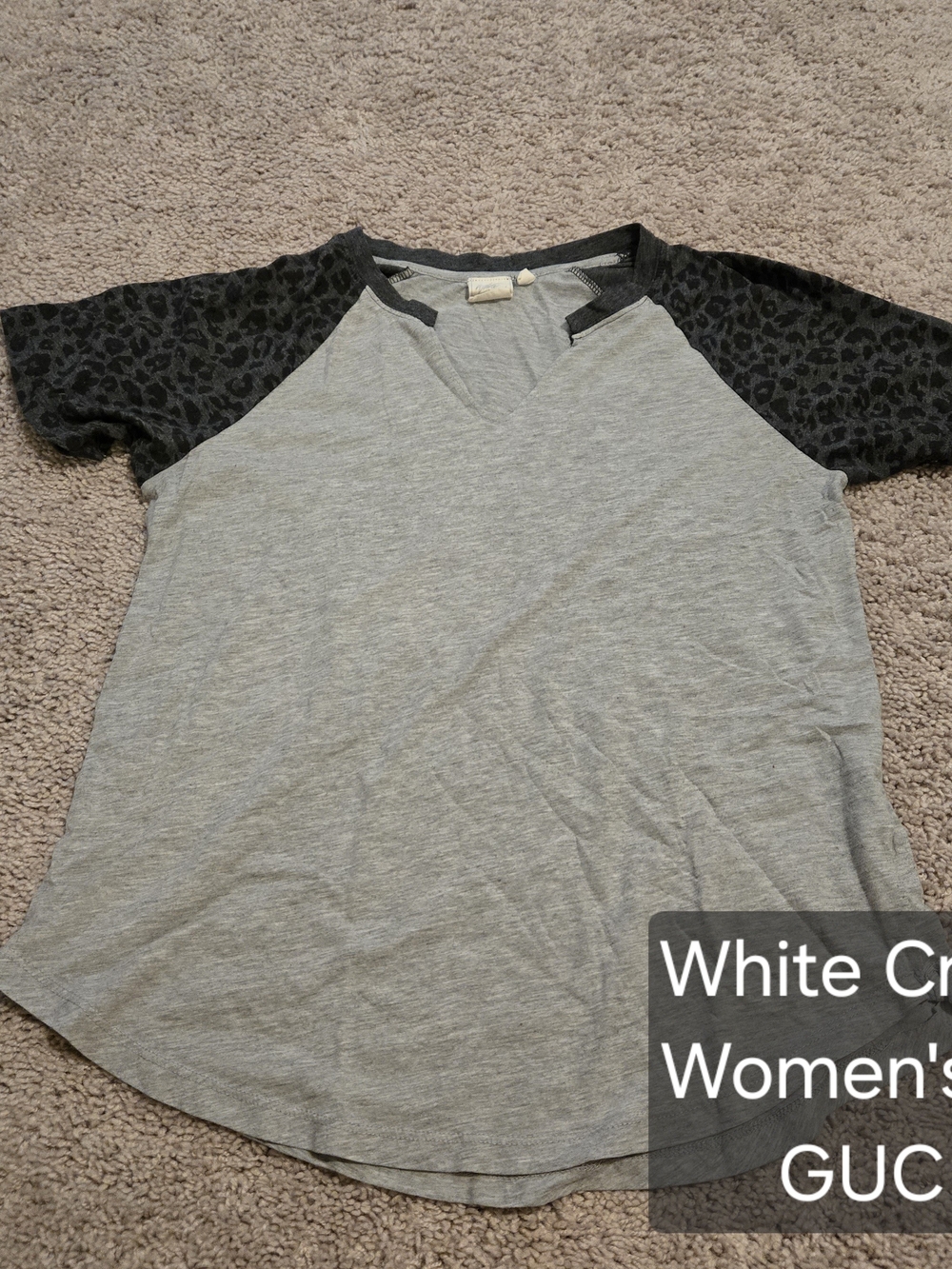 White Crow Gray V-Neck Top with Black Leopard Raglan Sleeves